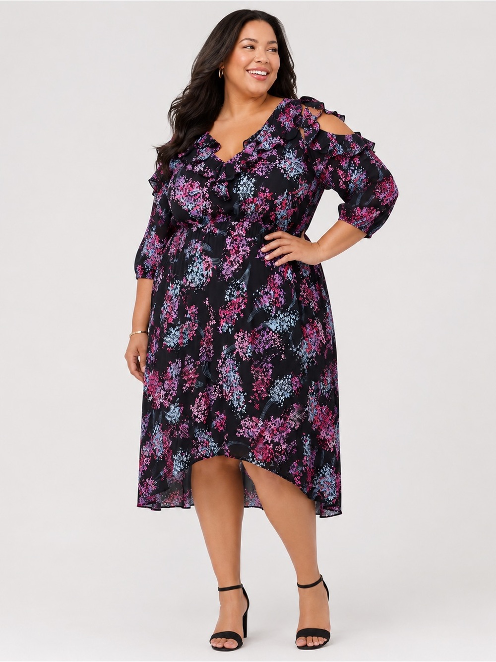 Lane Bryant Dress Cold Shoulder with Pink & Light Blue Floral Print